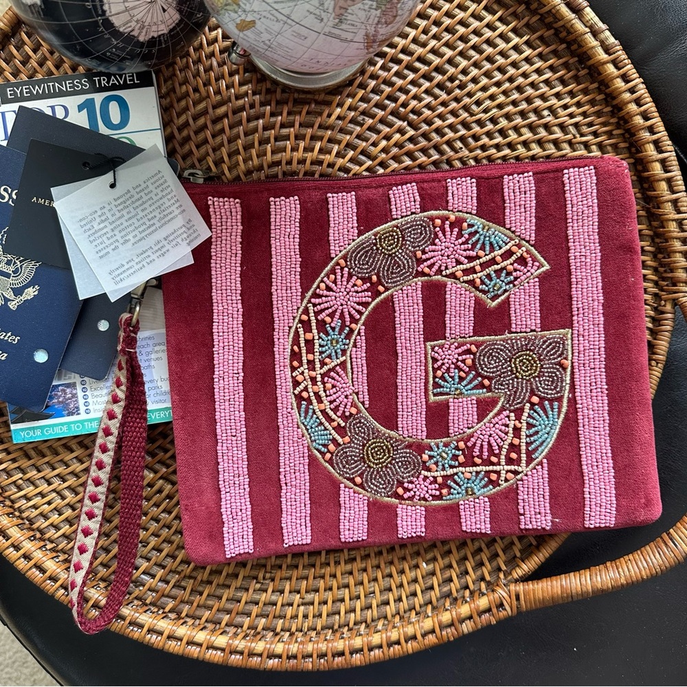 America & Beyond Beaded Stripe Wristlet Zip Burgundy Pink G Pouch New with Tags